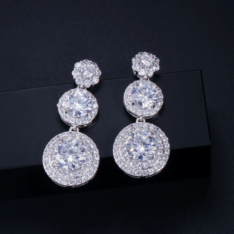 

ThreeGraces Elegant White Gold Color Cubic Zirconia Brincos Sparkling Long Round Dangle Earrings Jewelry for Women ER313