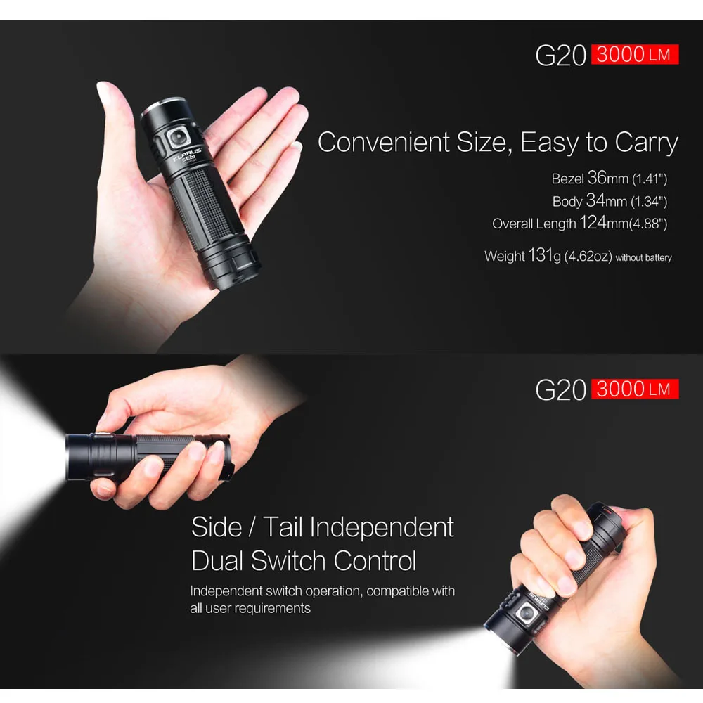 KLARUS G20 USB Перезаряжаемый светодиодный фонарик с 26650 батареей 3000 люменов CREE XHP70 N4 светодиодный фонарь двойной переключатель