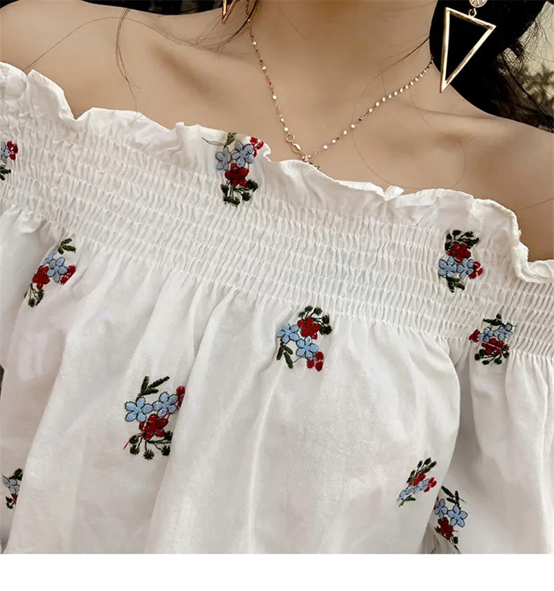 Neploe Blusa Feminina Цветочная вышивка; белый цвет Блузка Летняя женская рубашка корейские пышные рукава с открытыми плечами женские топы 35443