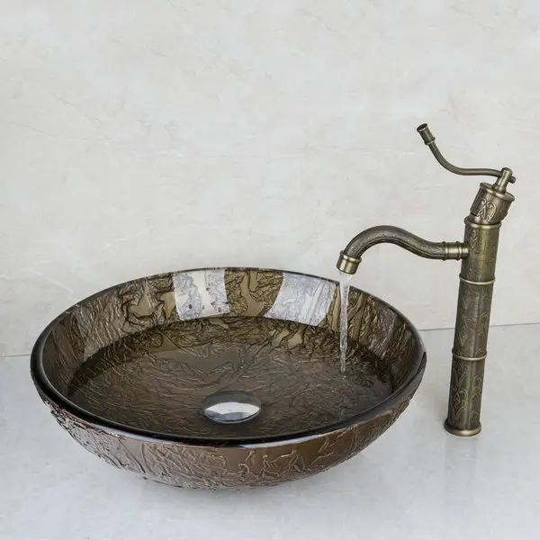 Раковина из закаленного стекла BrownRound с античным латунным смесителем для ванной