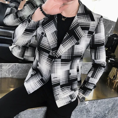 Новинка 2019 Мужская короткая приталенная клетчатая ветровка мужское двубортное