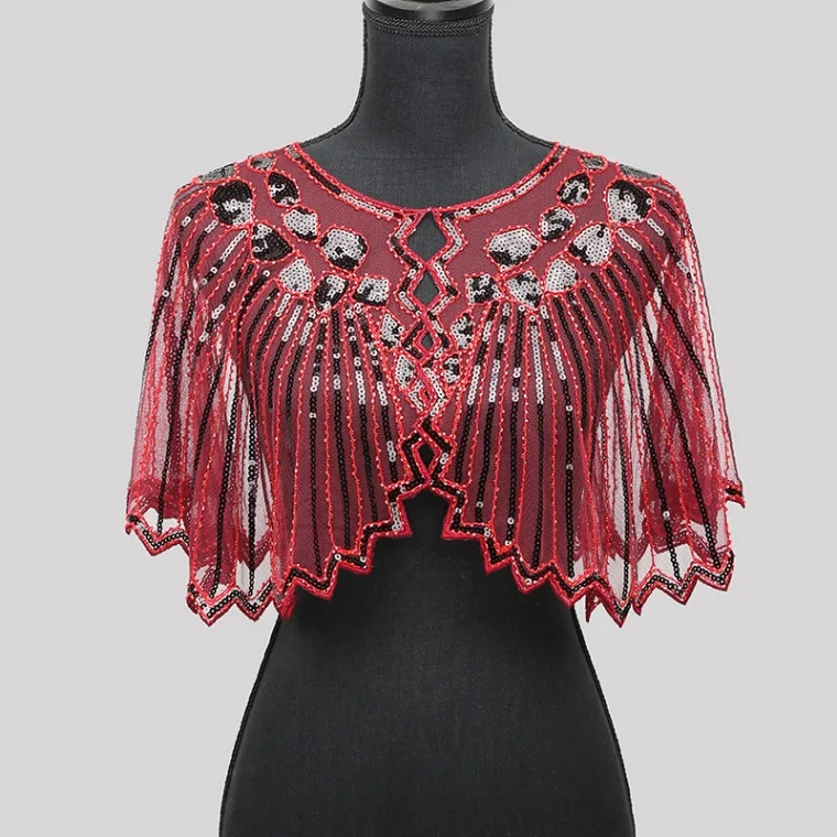 Красный Женское пончо с шалью, 1920 s, прозрачная сетчатая блестящая расшитая блестками женская накидка с бисером и волнистым узором, вечерние накидки для клуба echarpe - Цвет: Красный