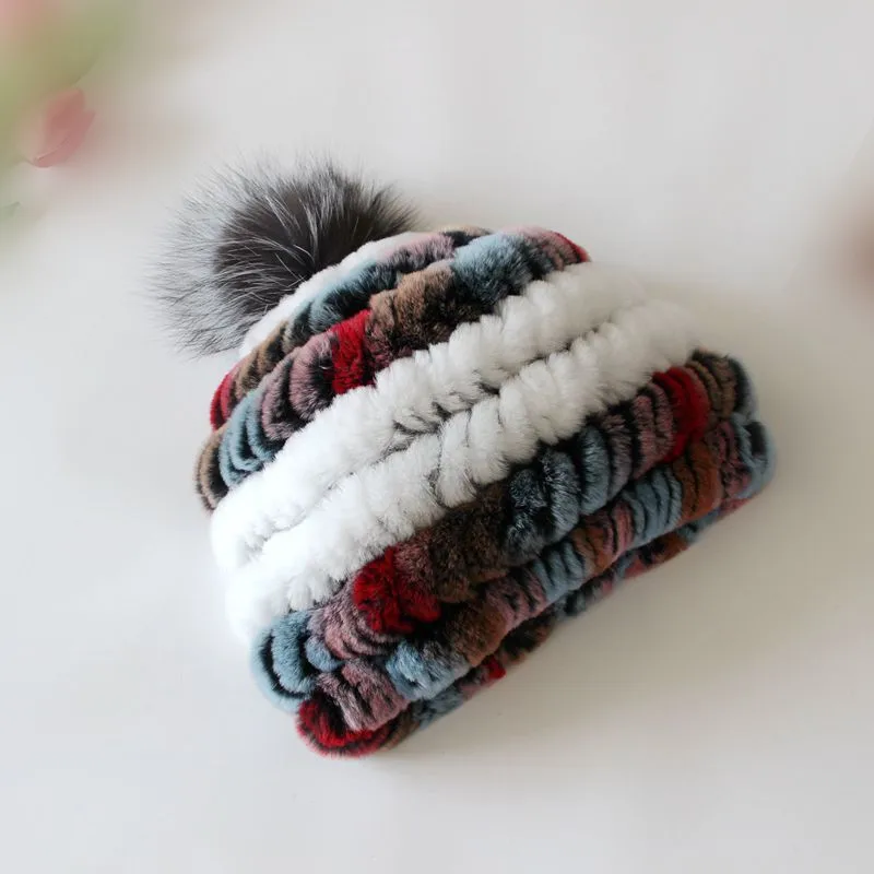Женские меховые шапки из натурального меха кролика рекс Осень Зима вязаная меховая шапка 2018 Новая меховая русская шапка Помпон 10 цветов H125