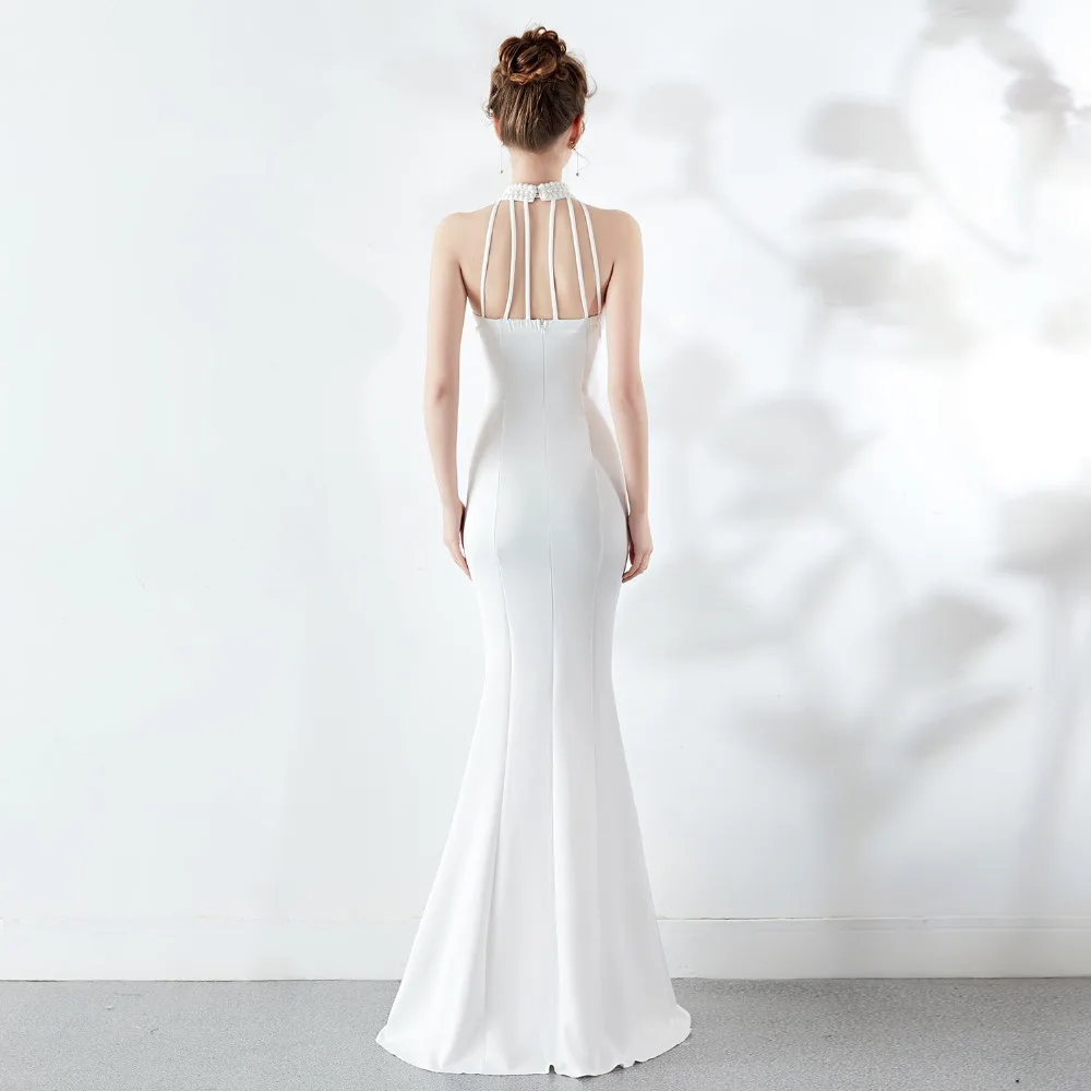 

Sladuo White Halter Backless Sexy Beading Mermaid Evening Party Dresses Long Length Elegant Women Slit Club Dress