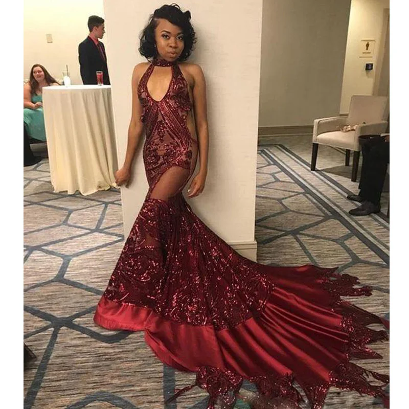 

Бургундия Холтер блестками Выпускные платья Иллюзия аппликации Русалка длинное коктейльное платье с коротким Шлейфом Платье для особых сл...