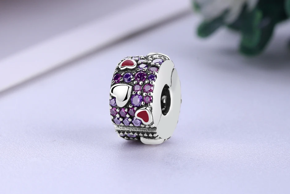 Подходит для браслета Pandora, 925 пробы, серебряные подвески, сердце, клипса, бусины, хрустальные ювелирные изделия, ювелирные изделия на День святого Валентина