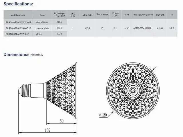 Супер яркая светодиодная лампа E27 PAR38 22 Вт точечное освещение AC100 277V Epistar цв. 80