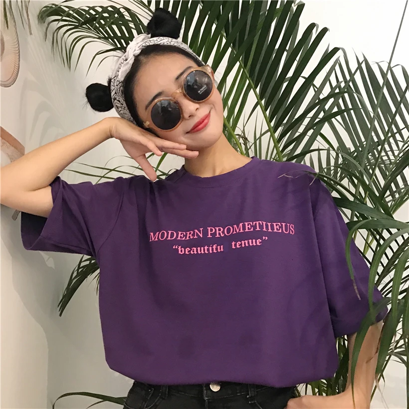 Женская футболка Топ летний корейский стиль Ulzzang Harajuku с буквенным принтом фиолетовая футболка Женская Повседневная футболка с коротким рукавом