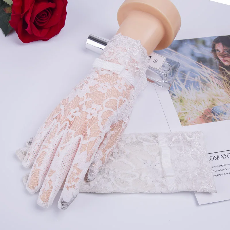 1 Bow White Кружевные летние солнцезащитные Короткие наручные перчатки, весенние модные перчатки с сенсорным экраном и УФ-защитой от солнца, перчатки для вождения автомобиля, вечерние женские перчатки Guantes Mujer - Цвет: 1 Bow White