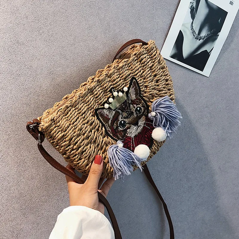 Новая соломенная сумка ручной работы Повседневная пляжная с кошкой плетеная