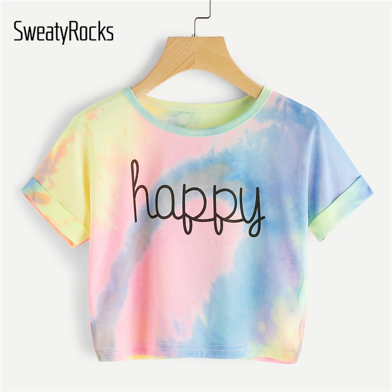 SweatyRocks укороченный топ с рукавами и манжетами, с буквенным принтом, Радужный пастельный галстук-краситель, летняя футболка, многоцветная облегающая футболка, женские топы