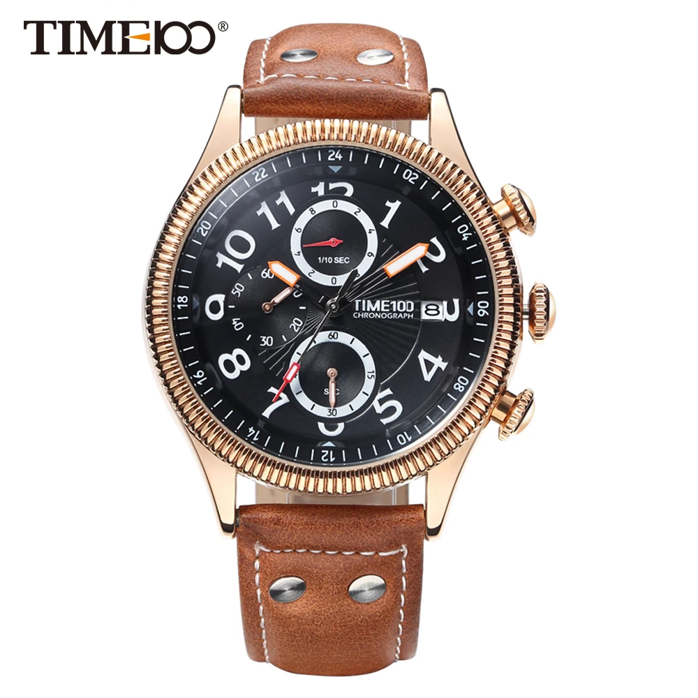 TIME100 часы мужчины коричневый кожаный ремешок Повседневные Календари Авто Дата
