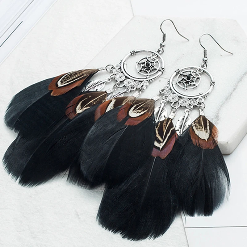 Boho, черные, перьевые, с бахромой, серьги с кристаллами, богемный стиль, Винтаж, Ловец снов, длинные, с кисточками, бусины, листья, серьги для женщин, ювелирное изделие