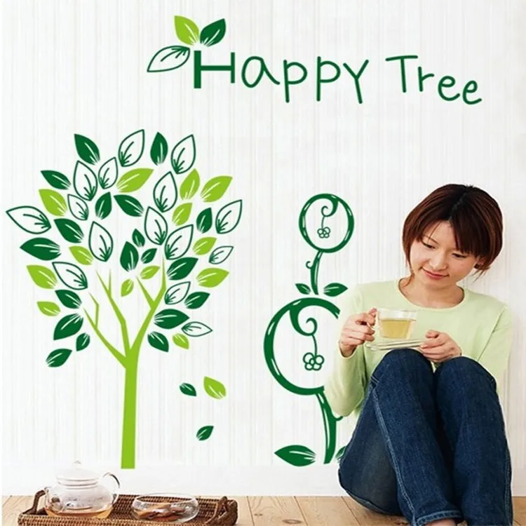 

High Quality Big Tree Removable Wall Stickers Green Happy Tree PVC Vinyl Decals Wall Paper for Bedroom Living Room TV/Sofa