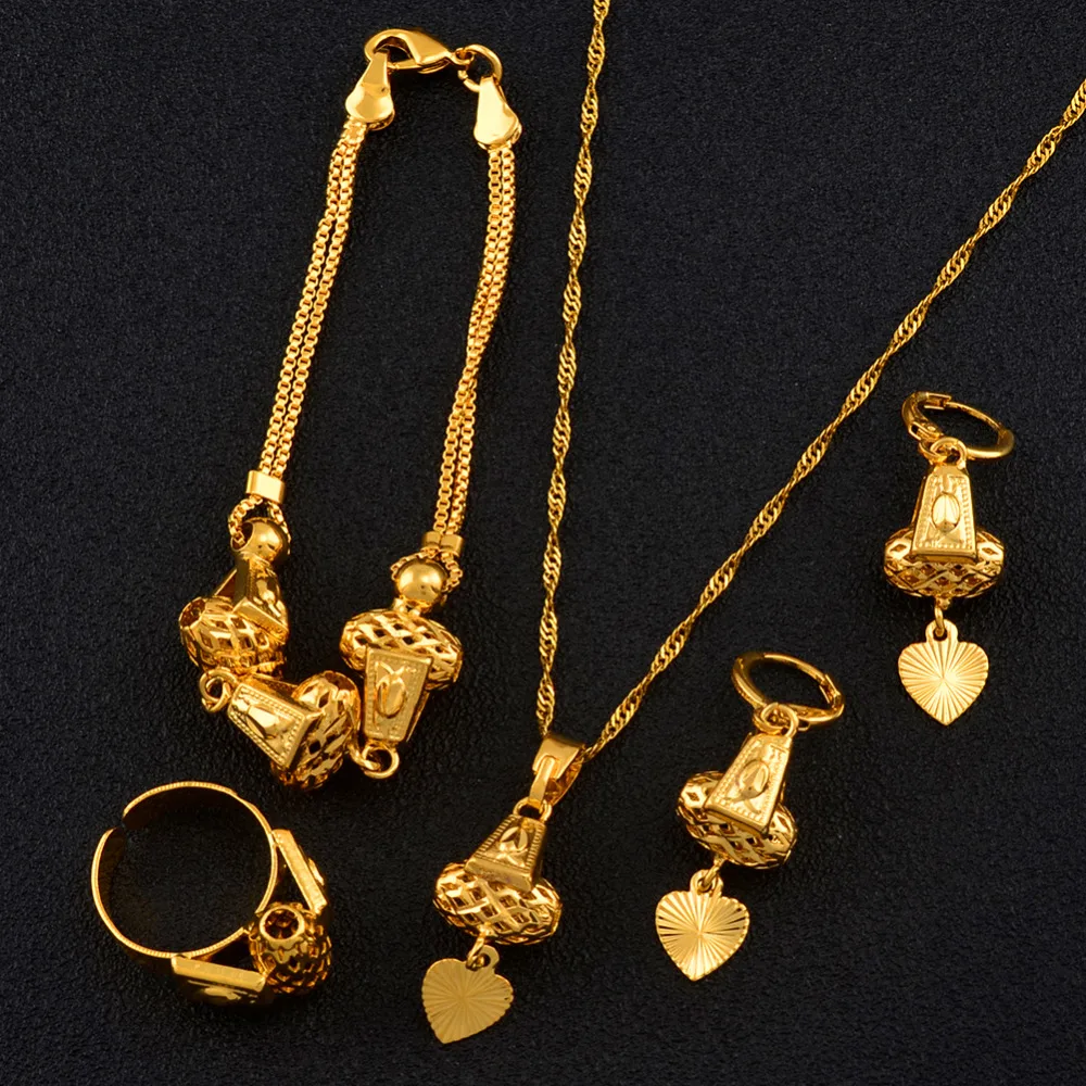 Anniyo Heart Jewelry set Necklace &amp Pendant Bracelet Earrings Ring Gold Color Chain Women Romantic Gift African Arab #053806 | Украшения