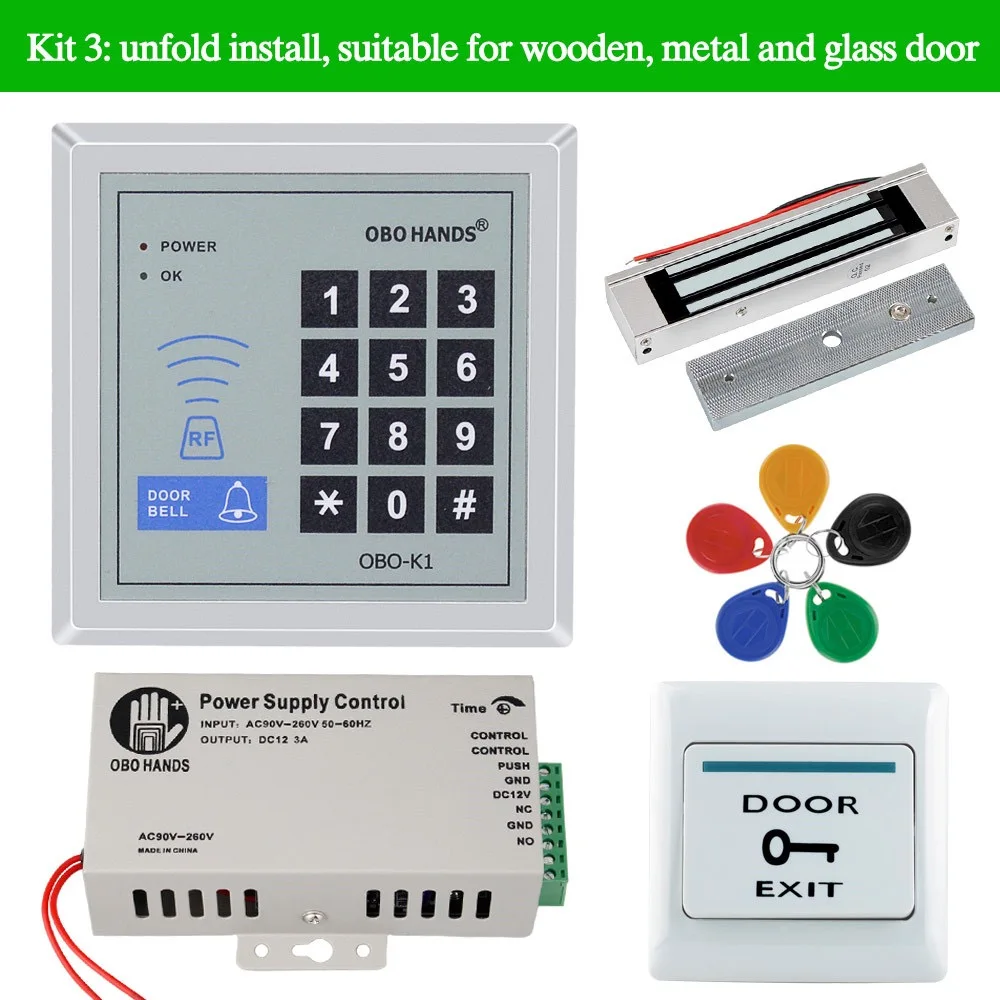 OBOK1-Kit3 RFID система контроля допуска к двери комплект частота 125 кГц Wiegand 26 клавиатура+ Электрический магнитный/Стрик/Болт замок с 5 шт. ключевые бирки - Цвет: OBOK1-Kit3