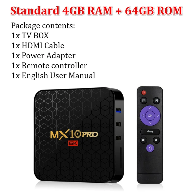 Only 4G 64G T ТВ коробка MX10 Pro Android ТВ коробка 4 Гб оперативной памяти, 32/64GB Android 9,0 ТВ коробка Allwinner H6 4 ядра с разрешением 4K HDR 2,4 ГГц WI-FI USB 3,0 ТВ комплект компьютерной приставки к телевизору - Цвет: Only 4G 64G