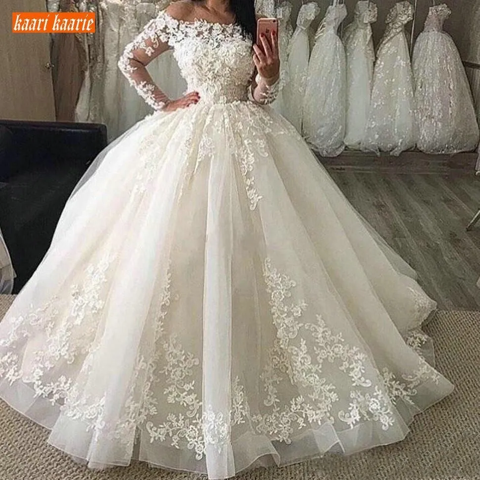 

New Puffy Ball Gown Wedding Dresses Off Shoulder Illusion Lace Appliques Long Sleeves Floor Length Plus Size Formal Bridal Gowns