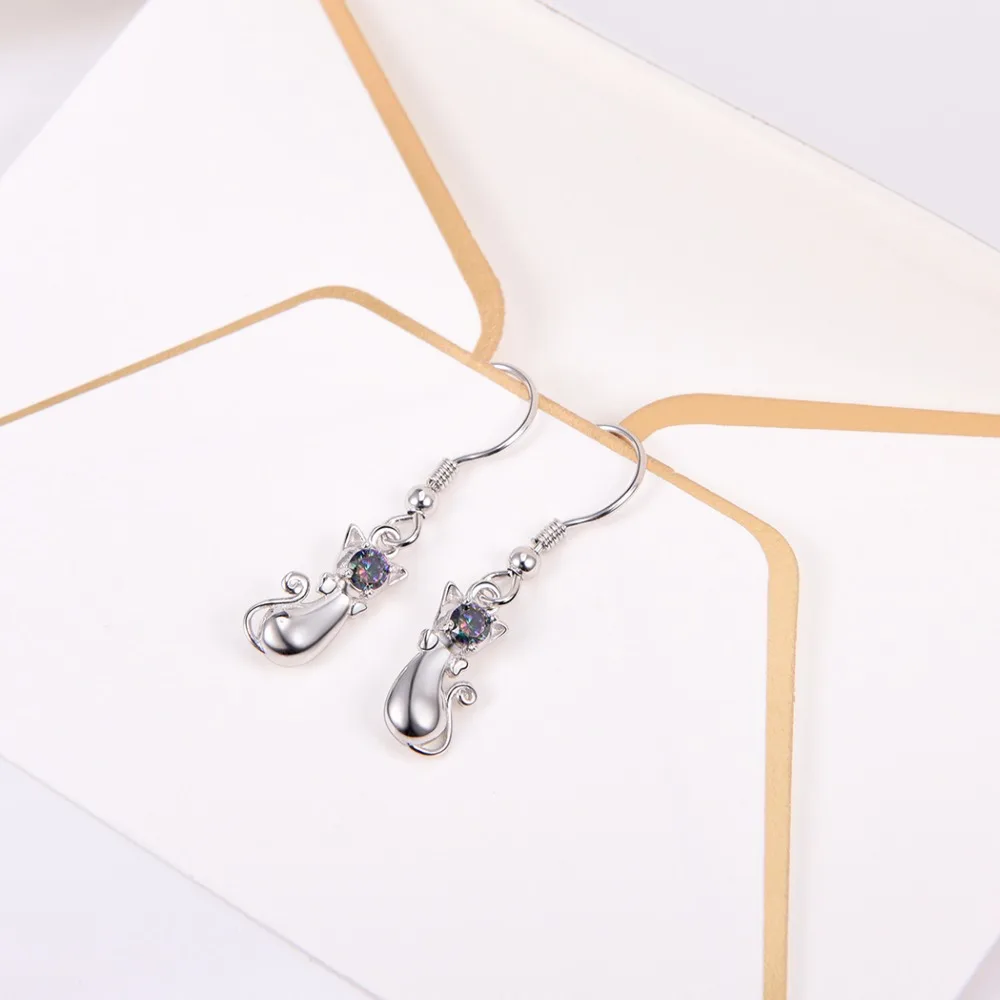 SILVERCUTE Cat Kitty Висячие серьги для женщин 925 стерлингового серебра Радуга Топаз крюк