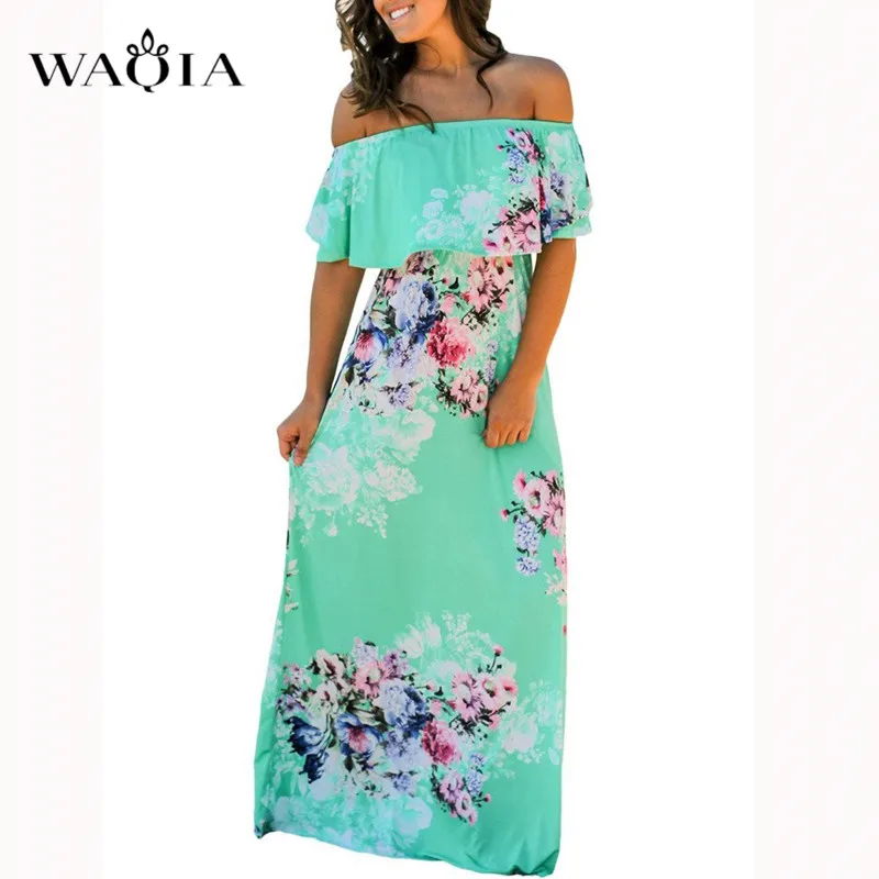 WAQIA 2019 длинное платье в богемном стиле женское пляжное летнее с открытыми плечами
