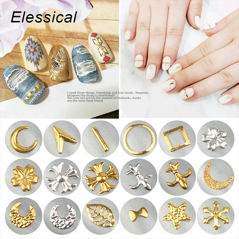 Elessical 100 шт./лот Медь элемент для нейл-арта цвета: золотистый, серебристый металл украшение для ногтей 3D DIY крошечный заклепки для ногтей Совет украшения MA0581-MA0719