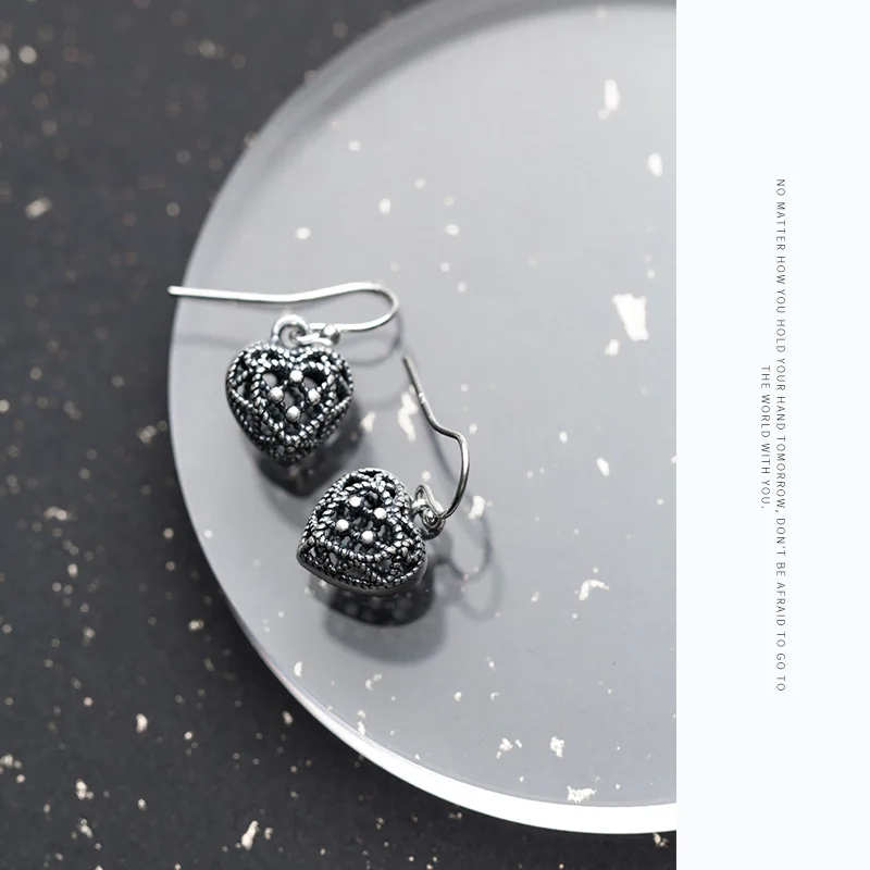 JUNG 2018 Ethnic Folk Style Hollow Love Heart Vintage Thai Silver Drop Earrings 925 Sterling For Women Jewelry E8023 | Украшения и