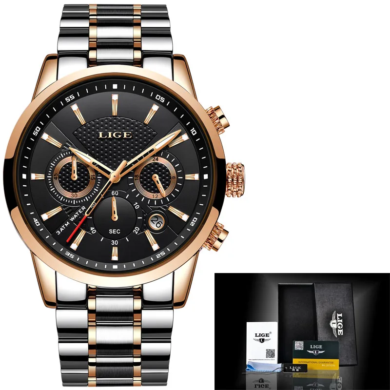 gold black LIGE часы мужские модные спортивные кварцевые часы мужские s часы брендовые Роскошные полностью стальные бизнес водонепроницаемые часы Relogio Masculino - Цвет: gold black