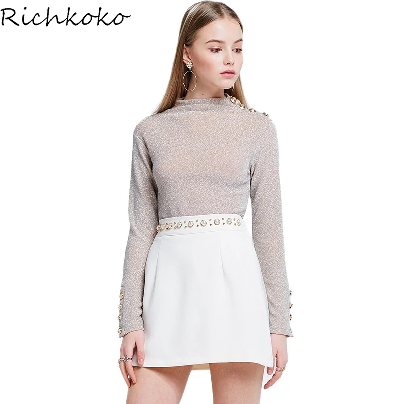 RICHKOKO Однотонная одежда пикантные Bace яркий шелковая рубашка с круглым вырезом