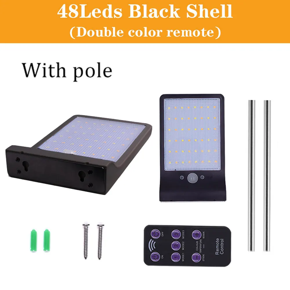 48LED withpole black Светодиодный уличный фонарь на солнечной батарее 36 светодиодный 48 Светодиодный Уличный настенный светильник индукционный водонепроницаемый Светодиодный точечный светильник для патио садовый коридор - Испускаемый цвет: 48LED withpole black