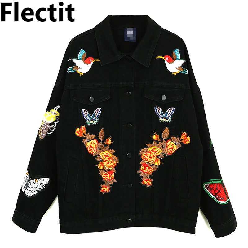 Flectit Flower Animal Embroidery Denim Jacket Women Oversize Long Sleeve with Lapel Pocket Vintage Harajuku Style Jeans Jacket *