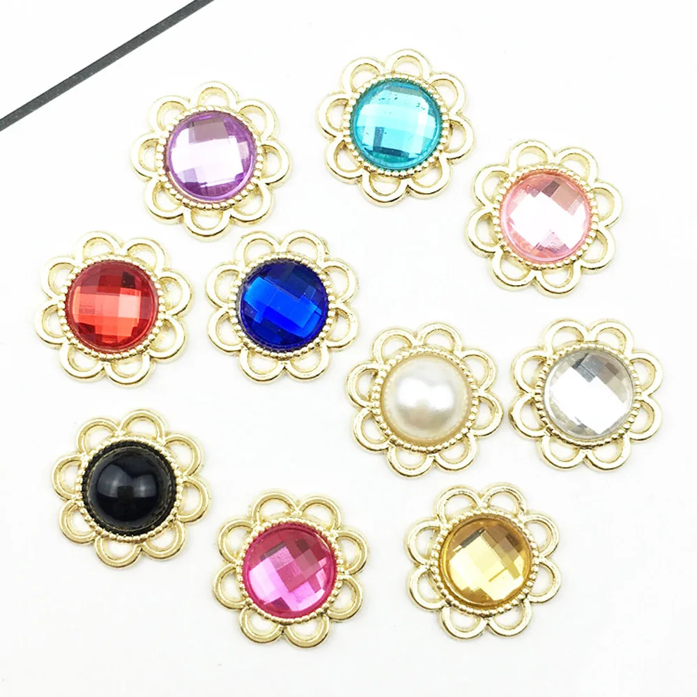 

10pcs/lot 15mm Flower Rhinestone Acrylic Buttons Flat back Gold Base Wedding Invitation Girl Hair DIY Accessories scrapbooking