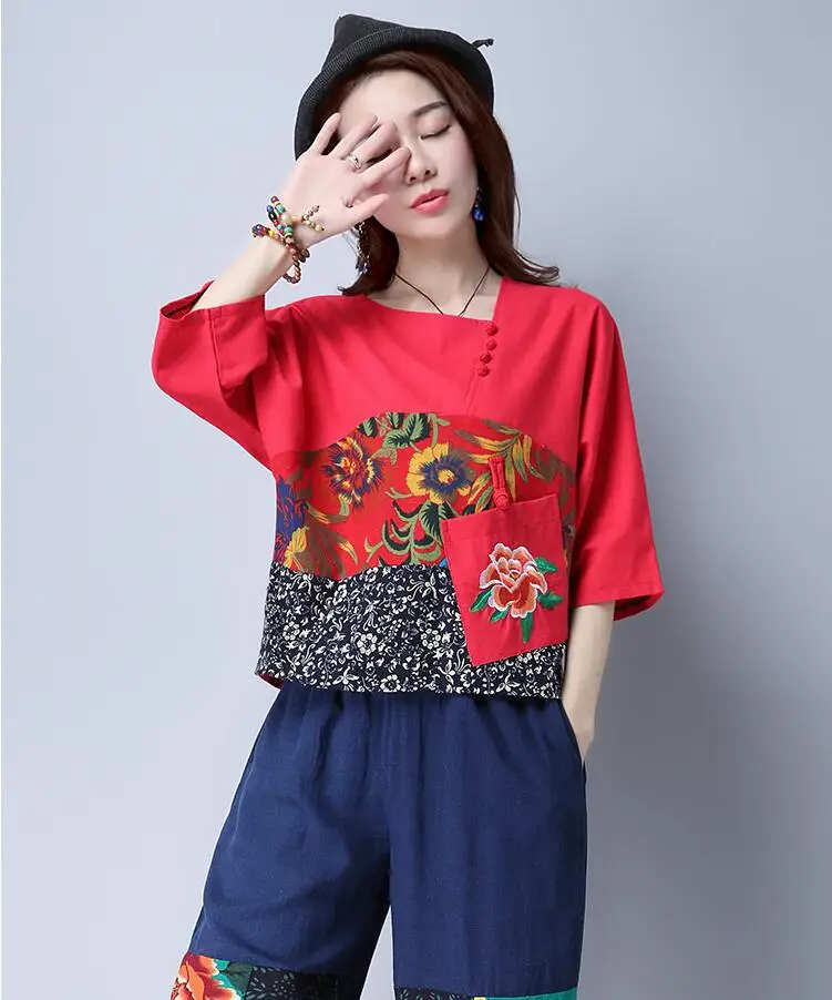 Женская рубашка из хлопка и льна с вышивкой рукавом до локтя|sleeve women|plus size blousesblouses