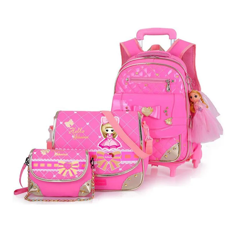 pink Школьные сумки для девочек с 3 колесами мультяшная Съемная школьная сумка на колесах водонепроницаемые нейлоновые детские Студенческие рюкзаки большой емкости - Цвет: pink