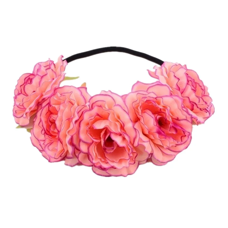 Bohemia Big Lilies Floral Crown Party Wedding Hair Wreaths Hair Bands Holiday Flower Headband with Adjustable Elastic Ribbon
