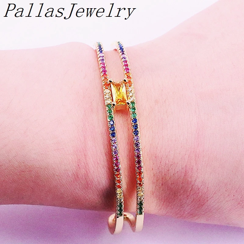 

3Pcs Colorful CZ Fashion Wedding Jewelry Gold Color Rainbow Cubic Zirconia For Women Girls Bracelets Bangles