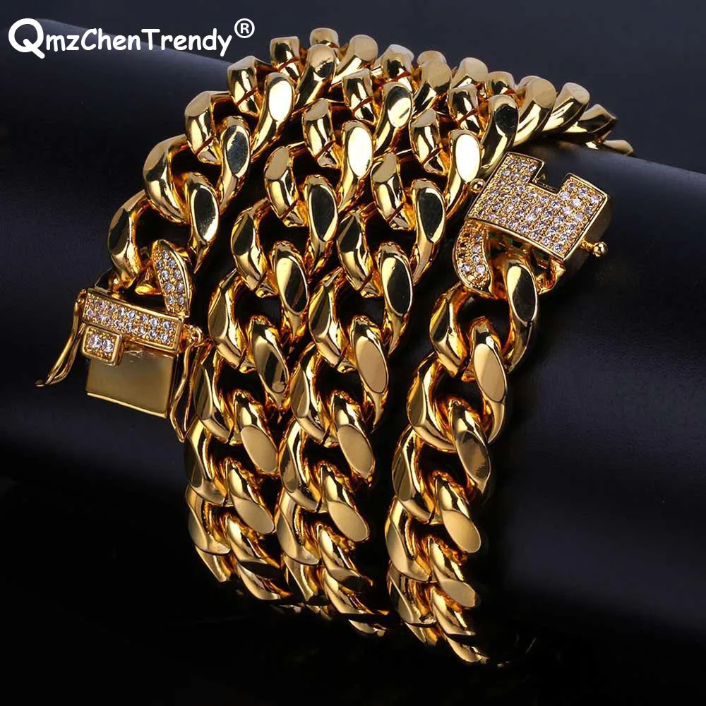 

Stainless Steel Top Quality Electroplated Micro-Studded CZ Clasp Miami Cuban Chain Necklace Men High Polished Iced Out