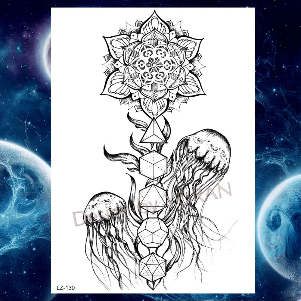 YURAN Black Waist Jellyfish Ocean Mandala Flower Tattoos Stickers Women Men Custom Tattoo Temporary Body Arm Fake Tatoos Paste | Красота и