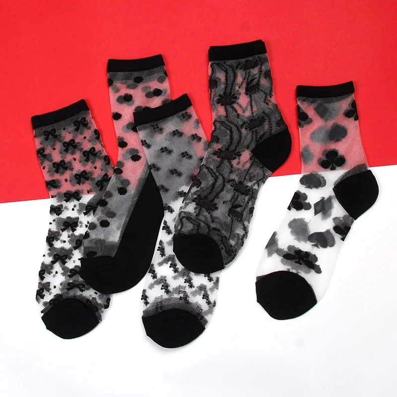 5pairs 5 пар в партии, прозрачные носки, женские летние Необычные кружевные носки, шелковое платье, одежда Harajuku, веселые забавные носки, сетчатые прозрачные носки - Цвет: 5pairs