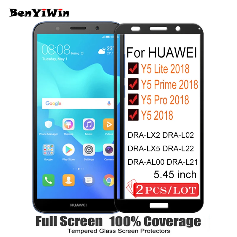 2 шт. 100% оригинальное закаленное стекло с полным покрытием для Huawei Y5 Prime Pro Lite 2018 9H