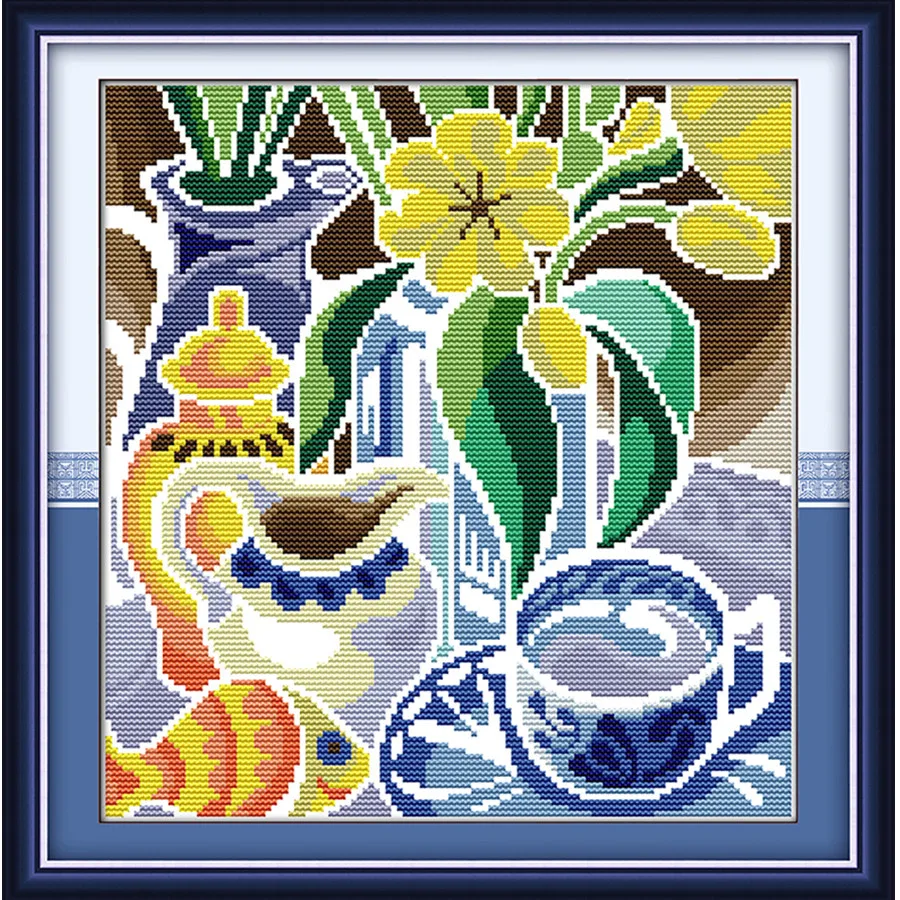 Синий и белый фарфоровый цветок Китайская вышивка крестиком домашний декор