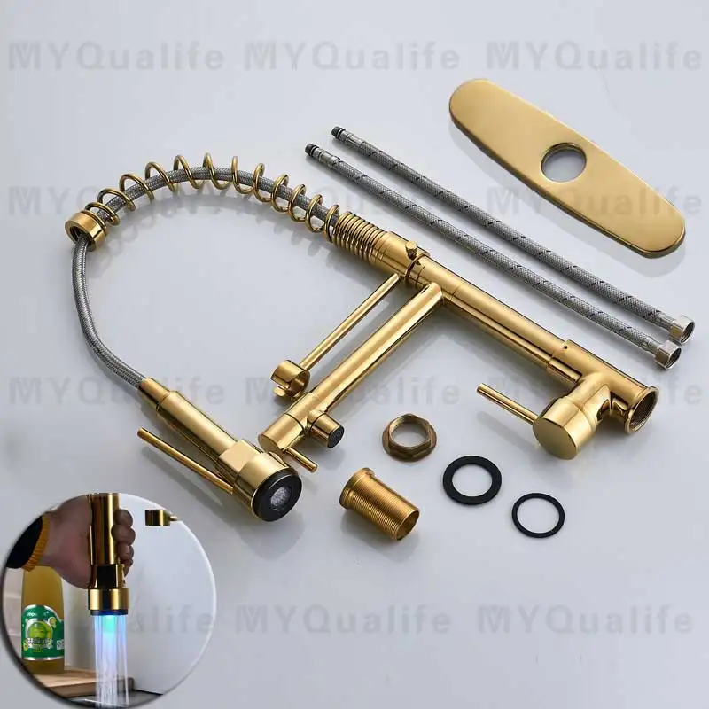 Golden Faucet Хромированный Светодиодный светильник, кухонный кран, пружинный кухонный смеситель с горячей и холодной водой, с одной ручкой, поворотный носик, ручная головка - Цвет: Golden Faucet