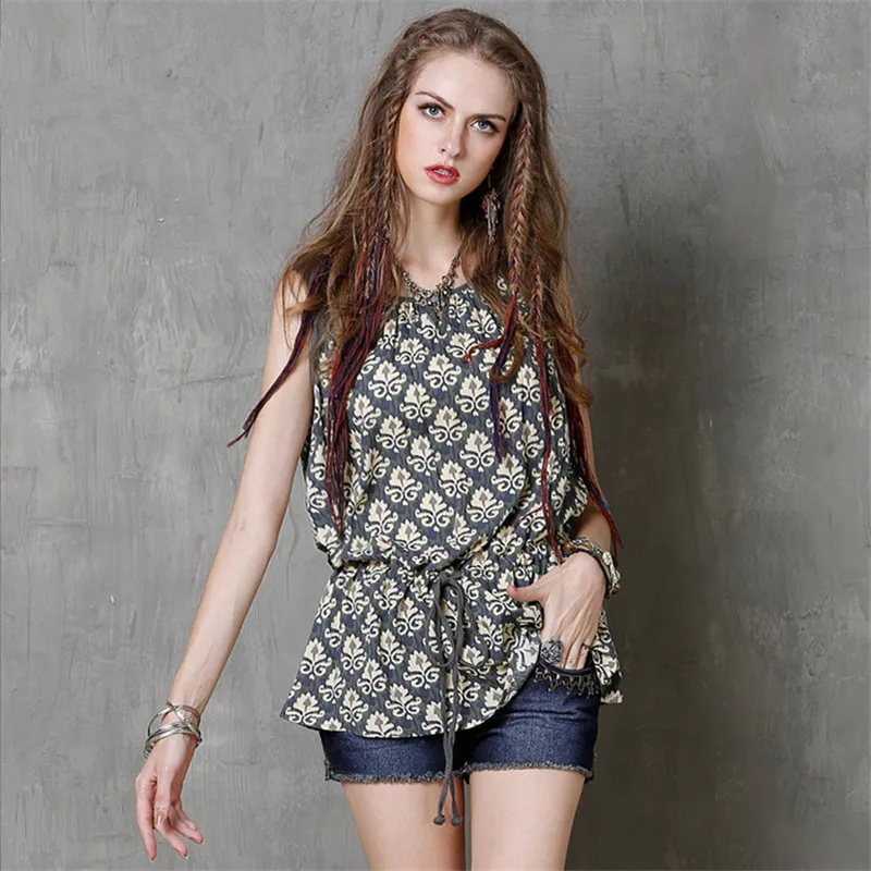 Винтажная женская футболка с цветочным принтом топы регулируемым поясом новинка