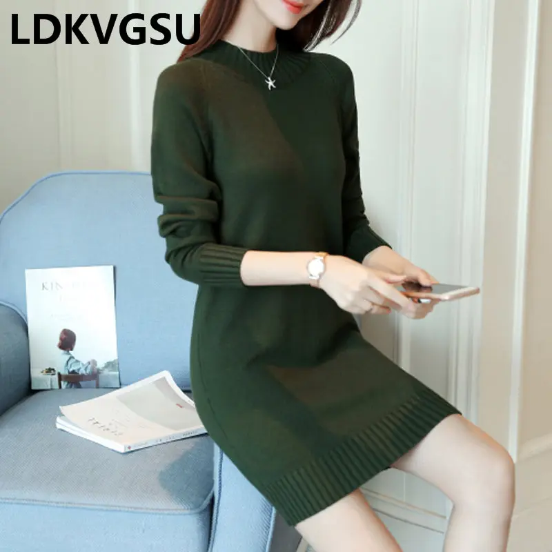 2018 Autumn Winter New Women's Long Sweater Loose Large Size Thick Round Neck Solid Color Korean Female Knit Is1477 | Женская одежда