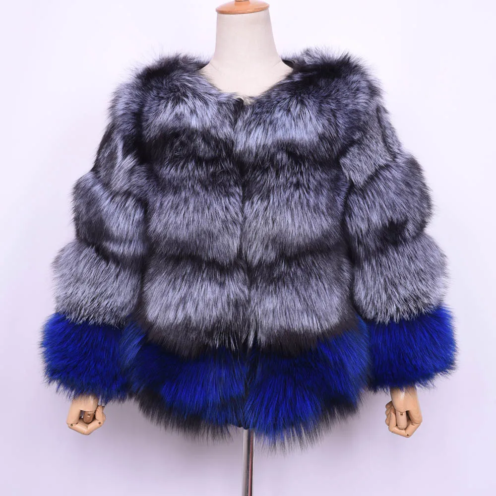 Silver Fox Blue Натуральная черно-бурая лиса шуба смешанные Цвет модные роскошные Стиль натурального меха лисы теплая плотная куртка меха S7517 - Цвет: Silver Fox Blue