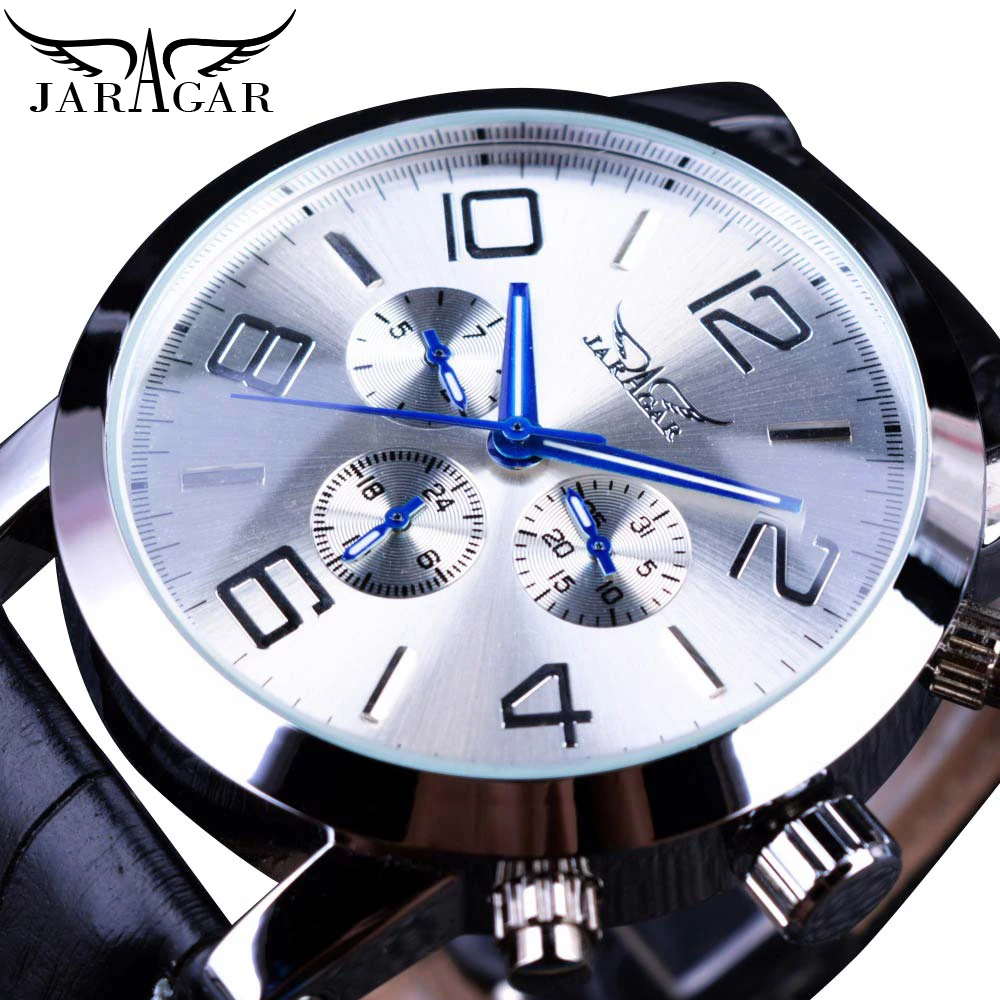 

Jaragar Mens Business Dress Watches White Calendar Automatic Sports 3 Sub Dial Leather Strap Mechanical Clock Relogio Masculino
