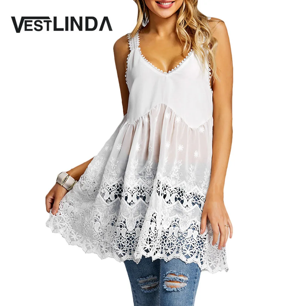 Женская длинная туника VESTLINDA Белая Кружевная на бретельках повседневный