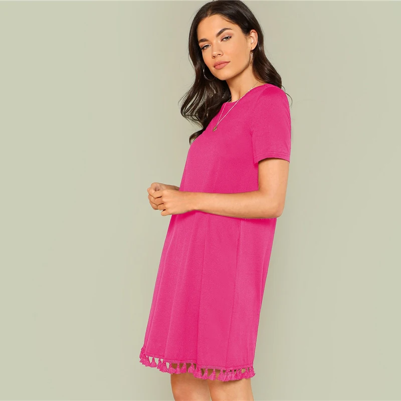 SHEIN женское летнее платье с бахромой и боковыми карманами,, цельное платье-туника с коротким рукавом