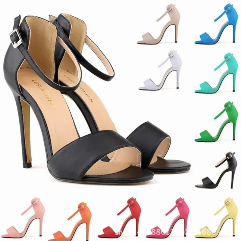 

LOSLANDIFEN zapatos mujer 2023 women sandals PU Buckle Strap 11CM Thin Heels Round Toe blue black Party OL Office Woman shoes