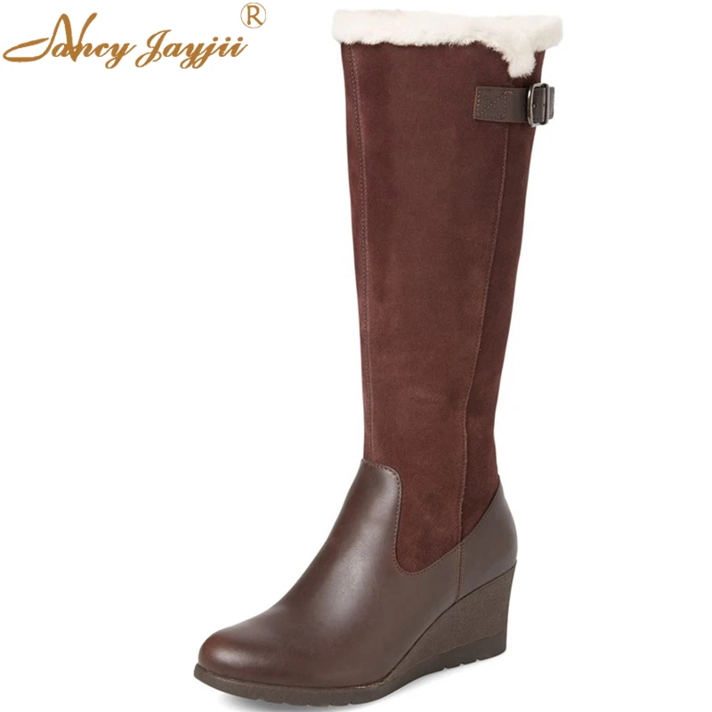 

2021 Woman Winter Fashion Brown Genuine Leather Wedges Heel Knee High Zipper Boots Basic Shoes Women Big Size 45 37 39 Warm