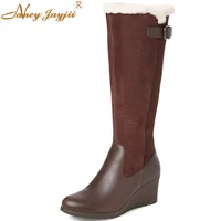 2021 woman winter fashion brown genuine leather wedges heel knee high zipper boots basic shoes women big size 45 37 39 warm